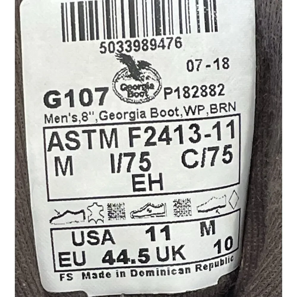 Georgia Boot G107 HOMELAND 8” Men’s Sz 11 Brown Steel-Toe Work Boots Waterproof